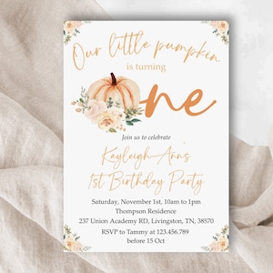 EDITABLE Pumpkin 1st Birthday Invitation Floral Pink and gold Girl Pumpkin First birthday Invite Fall Autumn Instant Download Template PI1