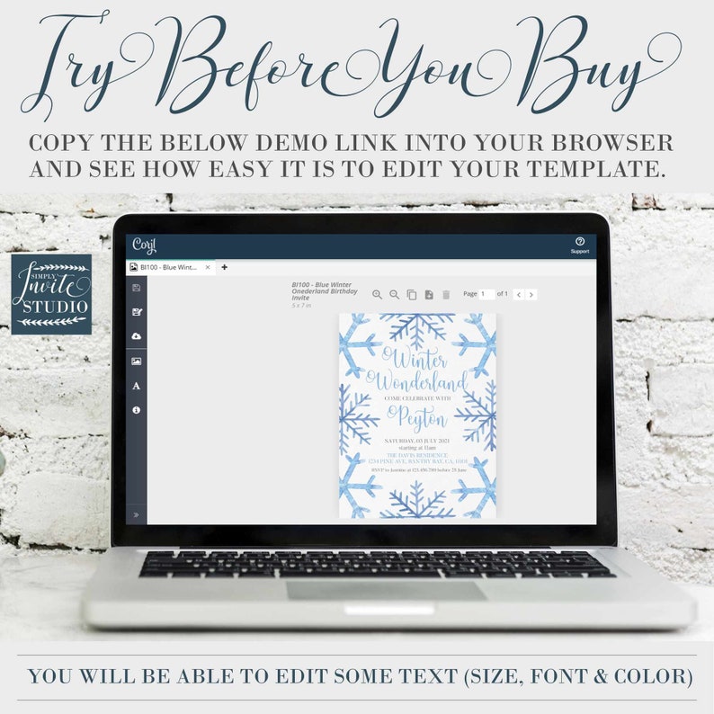 May include: A laptop screen displaying a blue and white winter wonderland birthday invitation template on the website Canva. The invitation features a blue watercolor snowflake design and the text "Winter Wonderland" and "Come Celebrate with Peyton".