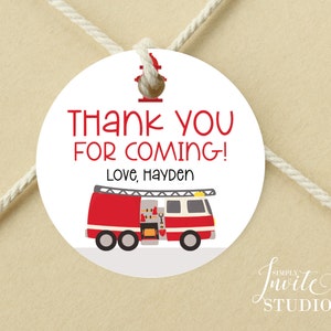 Fire Truck Round Thank You Tag, Boy Fire Engine Party Birthday Gift Tag, Gift Tag Printable Template, Editable Label, Instant Download BP03