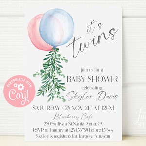 Boy Girl Twins Baby Shower Invitation, Winter Baby Shower, Greenery Balloon Baby Shower Invite, Instant Download, Editable Template, BS027