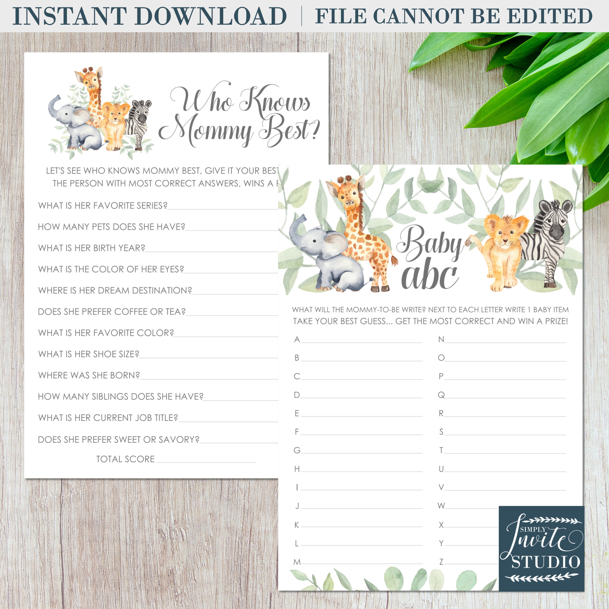Baby Shower Games Bundle, Safari / Jungle Printable Baby Shower Games ...