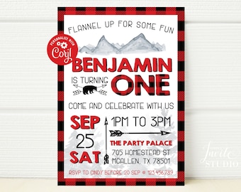 May include: Red and black plaid birthday invitation with a mountain scene and a bear. The invitation says "Flannel Up For Some Fun" and "Benjamin is turning one". The party is on September 25th from 1pm to 3pm at The Party Palace.