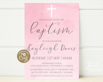 Minimal Girl Baptism Invitation, Editable Template Baptism Invite, Simple Minimal Baptism, Elegant Baptism, Christening, Instant Download