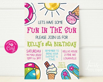 INSTANT DOWNLOAD Fun in the Sun Birthday Invitation,  Pool Party, Summer, Ice Cream & Pool Birthday Template, Birthday Invite, Editable