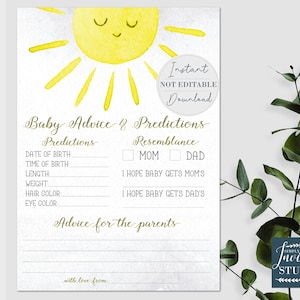 Tarjeta de consejos y predicciones para bebés, Juego de predicción para bebés You Are My Sunshine, Juegos de ducha, Consejos para padres, Ducha de género neutro, BS002