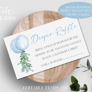 Greenery Balloon Twins Diaper Request Card, Diapers Baby Shower, Blue Boy Balloon, Téléchargement instantané, Modèle modifiable, Carte personnalisée, BS027