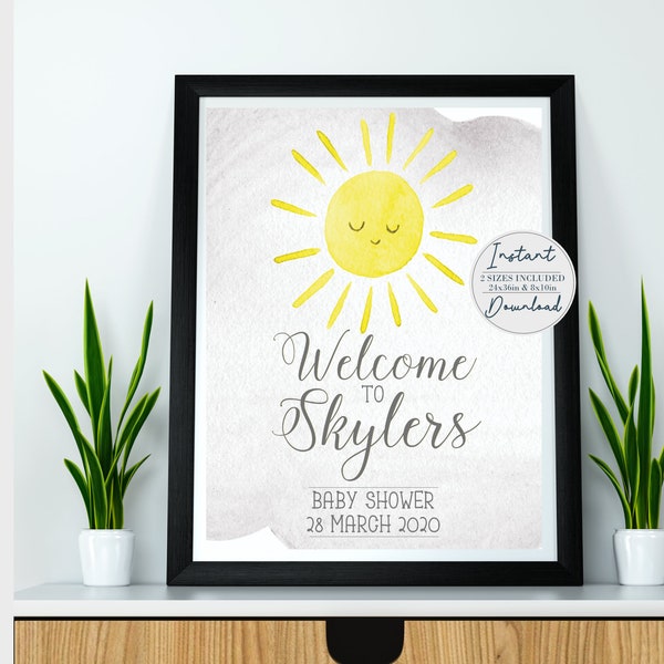 You Are My Sunshine Baby Shower Welcome Sign, Sunshine Printable Welcome Sign, Yellow and Grey Baby Shower Sign, Instant Download, BS002