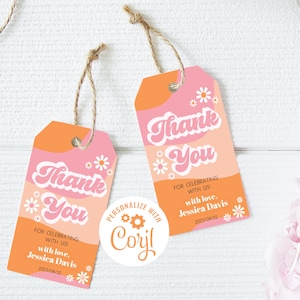 RETRO 70's Thank You Tag Girl Editable Birthday Thank You Tag, Hippie Vibe  Printable, Pink Minimal Instant Download Editable Template BS036