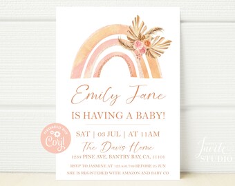 May include: A baby shower invitation with a peach and gold rainbow with floral accents. The text reads "Emily Jane is having a baby!" with details for the event: "Sat 03 Jul | At 11am The Davis Home 1234 Pine Ave, Bantry Bay, CA, 11101 RSVP to Jasmine at 123.456.789 before 15 Jun She is registered with Amazon and Baby Co"