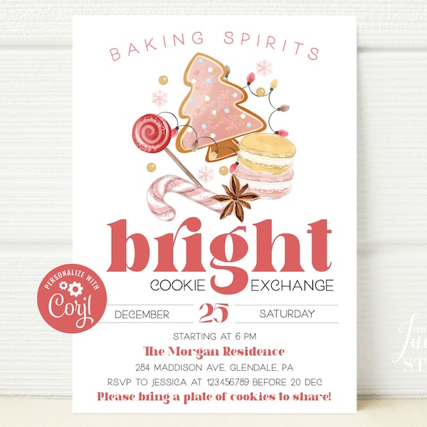 Christmas Cookie Exchange Invitation, Cookie Exchange Party, Christmas Party, Cookie Invite, Baking Spirits Bright, Instant Download, CE001