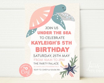 Sea Turtle Birthday Invitation: Under The Sea Girl Party (Digital Download)