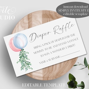 Greenery Balloon Twins Diaper Request Card, Diapers Baby Shower, Blue Pink Balloon, Téléchargement instantané, Modèle modifiable, Carte personnalisée, BS027