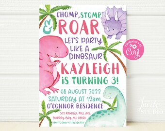 May include: A pink and green dinosaur birthday party invitation with the text "CHOMP, STOMP & ROAR Let's party like a dinosaur KAYLEIGH is turning 3!"  The invitation includes a pink dinosaur, a green dinosaur, and palm trees.