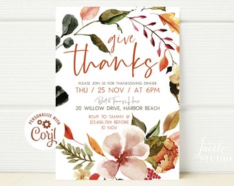 May include: A Thanksgiving dinner invitation with a watercolor floral wreath in shades of orange, red, and green. The text reads "give thanks!" and includes the date, time, and location of the dinner. RSVP information is also included.