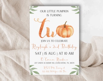 May include: A printable invitation for a child's second birthday party. The invitation features a watercolour illustration of a pumpkin and the text "Our little pumpkin is turning two." The invitation also includes the child's name, the date and time of the party, and the location.
