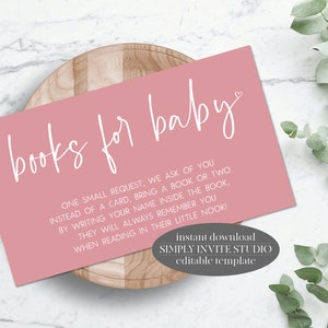 Minimale roze boekaanvraagkaart, breng een boek babyshower, minimalistische babyshower, direct downloaden, bewerkbare sjabloon, aangepaste tekst, BS025