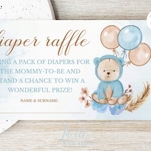 Editable Teddy Bear Theme Baby Shower Diaper Raffle Insert Blue Bear Bearly Wait Invites Boy Baby Shower Template Instant Download BS1