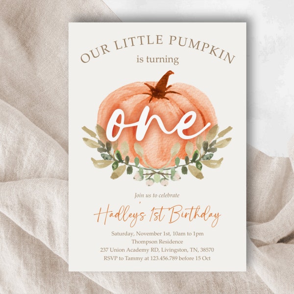 Little Pumpkin Birthday Invitation | Editable Template | Printable Autumn Pumpkin 1st Birthday Invite | Gender Neutral Fall Birthday | PI1