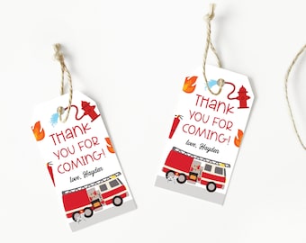 May include: Red and white thank you tags with a fire engine, fire hydrant, and flames. The text reads "Thank you for coming! love, Hayden".
