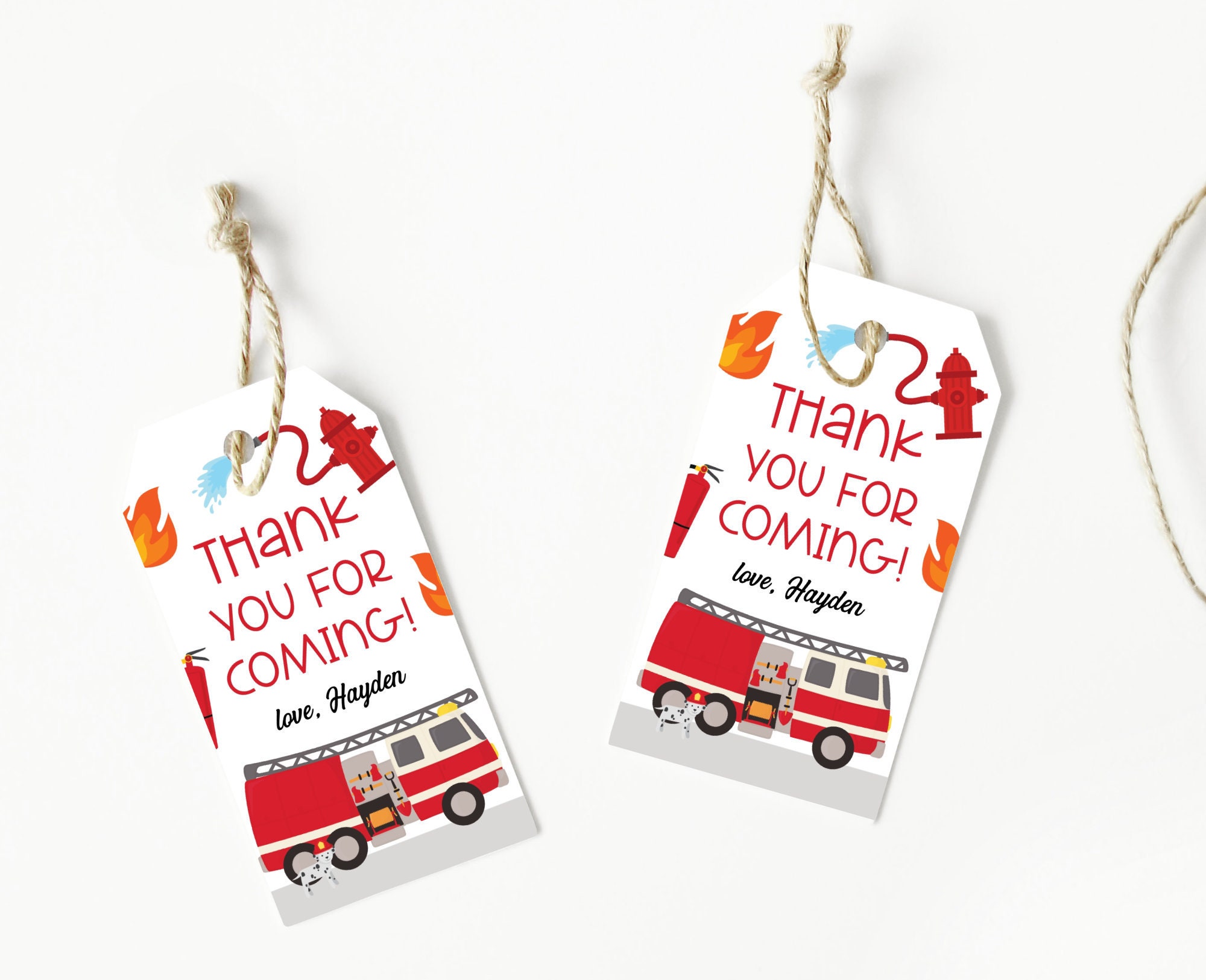 Editable Fire Truck Party Thank You Tag, Boy Birthday Gift Tag, Fire ...