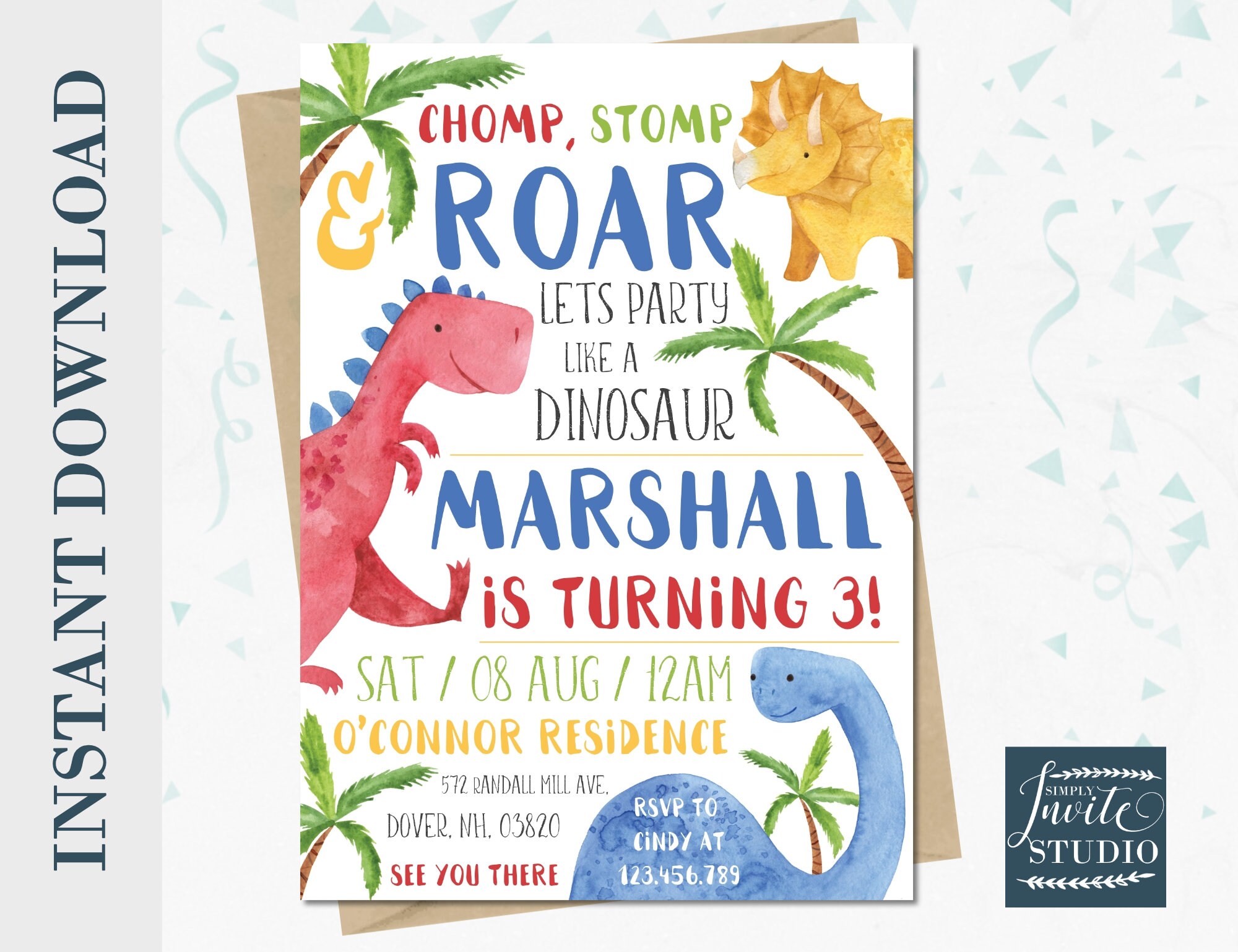 INSTANT DOWNLOAD Dinosaur Birthday Invitation, Dinosaurs, TRex Birthd…