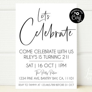 Lets Celebrate Birthday Invitation Template, Monochrome Black & White Birthday Adult Any Event, Minimalist Party, Editable Instant Download
