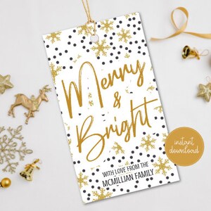 Étiquettes de faveur de Noël modifiables, étiquette de cadeau de vacances, modèle imprimable d&#39;étiquettes de vacances joyeux Noël, étiquettes de vacances or, téléchargement immédiat