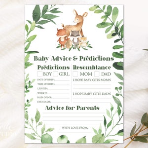 Carte de prédiction et de conseils pour bébé, jeu de prédiction pour bébé animaux des bois, jeux de douche, conseils pour les parents, douche neutre entre les sexes, BS032