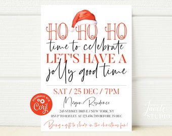 May include: A red and white Christmas party invitation with a Santa hat illustration. The invitation reads "Ho Ho Ho time to celebrate Let's Have a Jolly Good Time" and includes the date and time of the party. The invitation also includes a personalized name with the text "Personalize with Coryl".