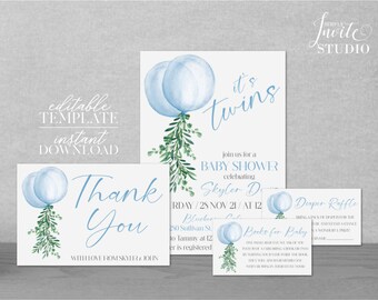 Boy Twins Baby Shower Invitation Set: Greenery Balloons (Digital Download)