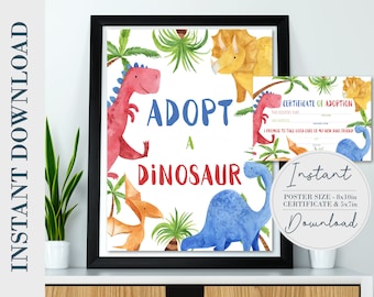 Könnte beinhalten: Druckbarer Poster- und Zertifikatsatz mit einer Aquarell-Illustration von Dinosauriern mit dem Text "Adoptiere einen Dinosaurier". Das Poster ist 8x10 Zoll groß und das Zertifikat 5x7 Zoll.