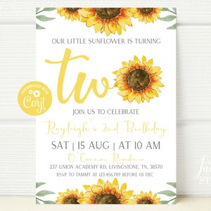 Sonnenblume Geburtstagseinladung, 2nd Geburtstag Thema, Geburtstag einladen, bearbeitbare Einladungsvorlage, gelbe Sonnenblume Thema, BI024 INSTANT DOWNLOAD
