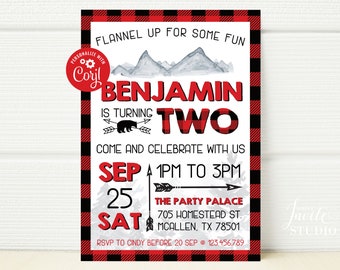 Boy 2nd Birthday Invitation: Flannel Lumberjack Party (Digital Download)