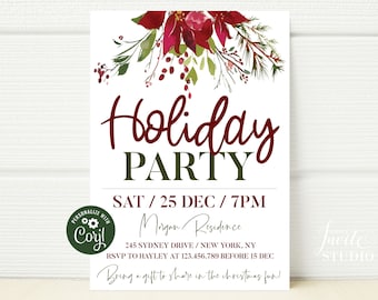 May include: A red and green Christmas party invitation with a floral design. The invitation reads "Holiday Party" with the date and time "Sat / 25 Dec / 7PM". The invitation also includes the location "Morgan Residence" and the address "245 Sydney Drive / New York, NY". The invitation also includes the RSVP information "RSVP to Hayley at 123.456.789 before 15 Dec". The invitation ends with the text "Bring a gift to share in the Christmas fun!"
