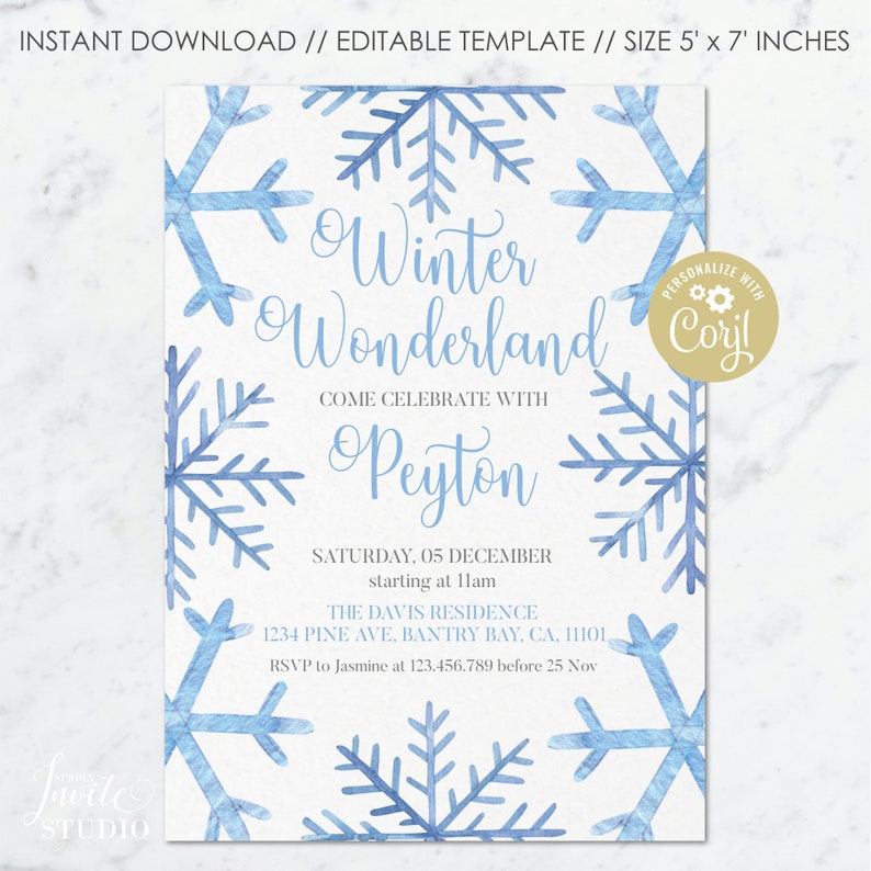 May include: A blue and white winter wonderland themed party invitation with snowflakes and the text "Winter Wonderland" and "Come Celebrate with Peyton". The invitation includes the date, time, and location of the party. It also includes the text "RSVP to Jasmine at 123.456.789 before 25 Nov".