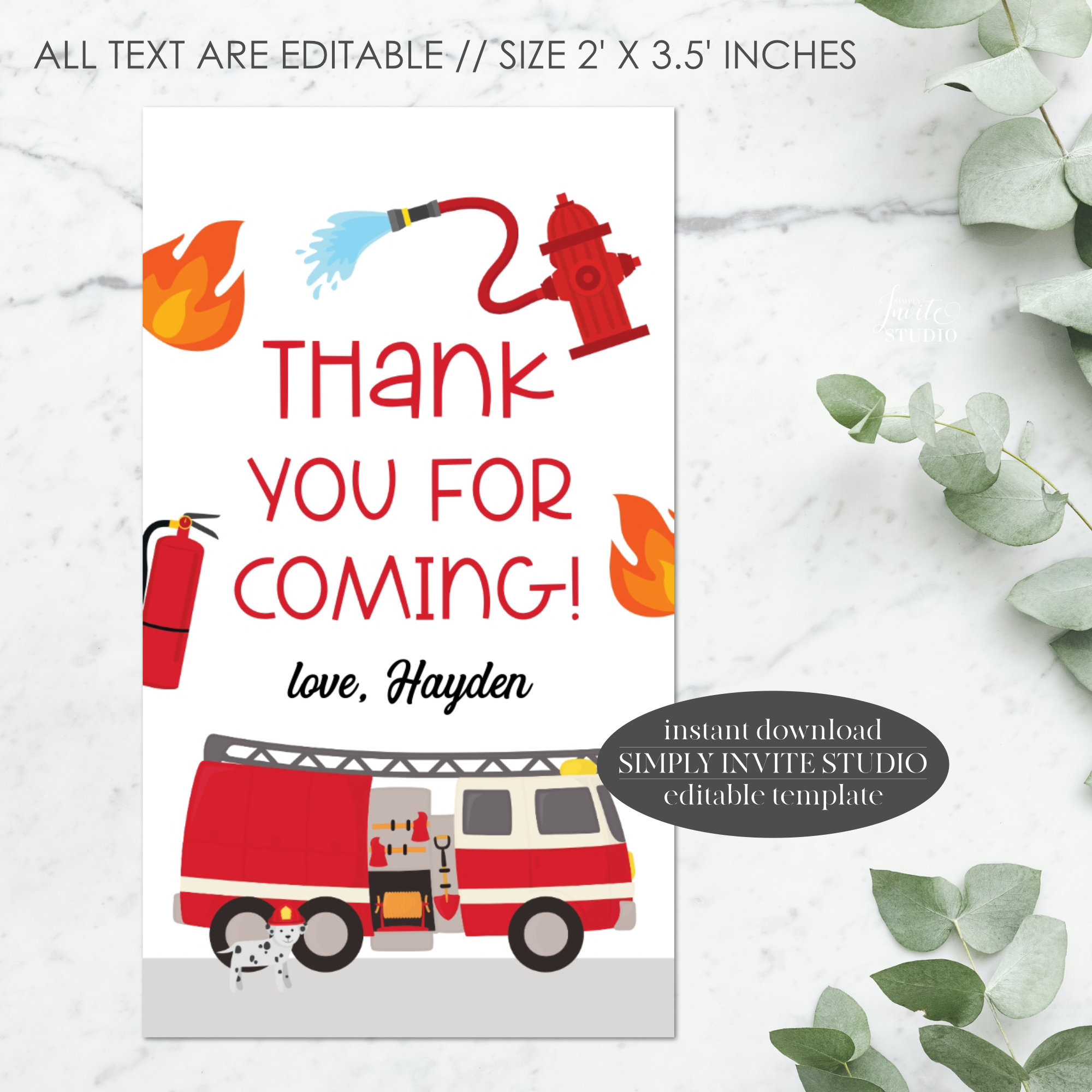Editable Fire Truck Party Thank You Tag, Boy Birthday Gift Tag, Fire ...