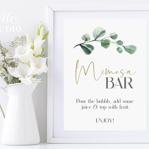 Mimosa Bar Sign Printable, Baby Shower Decor, Bridal Shower Poster, Greenery Drinks Sign, Printable Baby Shower Sign, Eucalyptus Sign B01