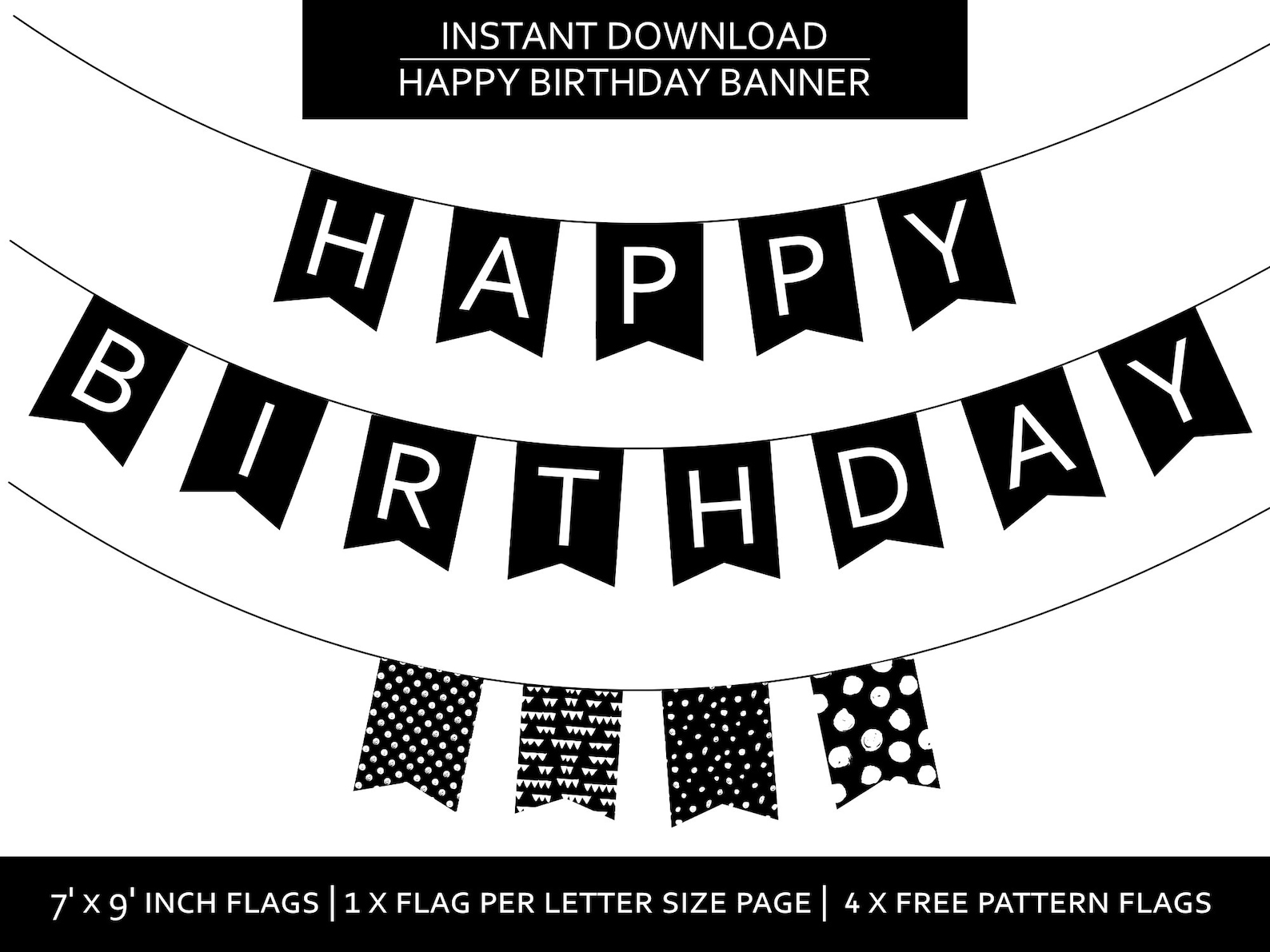 Happy Birthday Printable Banner, Party Black & White, Simple Banner