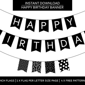 Happy Birthday Printable Banner, Party Black & White, Simple Banner, Instant Download Decoration, Digital Birthday, At Home Printing