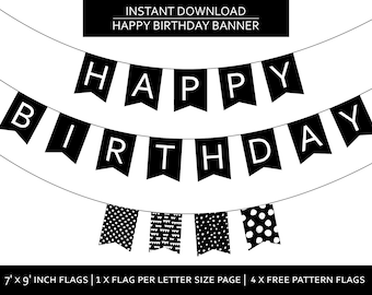 Happy Birthday Printable Banner, Party Black & White, Simple Banner, Instant Download Decoration, Digital Birthday, At Home Printing