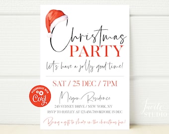 May include: A white Christmas party invitation with a red Santa hat illustration. The text reads "Christmas Party let's have a jolly good time! SAT / 25 DEC / 7PM Morgan Residence 245 SYDNEY DRIVE / NEW YORK, NY RSVP TO HAYLEY AT 123.456.789 BEFORE 15 DEC Bring a gift to share in the Christmas fun!"