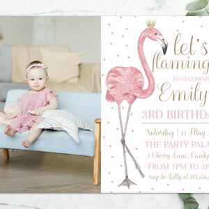 May include: Pink flamingo birthday party invitation with a pink and white polka dot background. The invitation says "let's flamingle to celebrate Emily's 3rd birthday!" with the date, time, and location of the party.