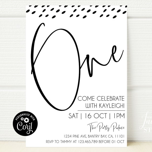 INSTANT DOWNLOAD, 1st Birthday Party Invitation, Editable Minimalistic Theme, Monochrome Template, Black & White Minimal 1st Invite, BI029