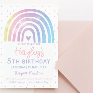 INSTANT DOWNLOAD Rainbow Birthday Party Invitation, Girl Birthday Invite Rainbow, Editable Pastel Glitter Rainbow Birthday Template, BI020