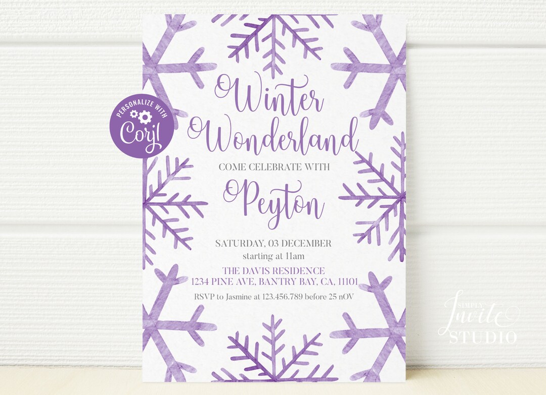 Girl Snowflake Birthday Invite Template, Purple Winter Party Theme ...