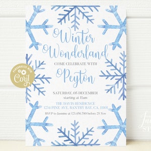 May include: A blue and white winter wonderland themed party invitation with snowflakes and the text "Winter Wonderland" and "Come Celebrate with Peyton". The invitation includes the date, time, and location of the party.