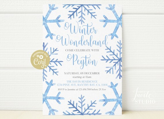 Blue Snowflake Birthday Invitation Template: Winter Wonderland (Digital Download)
