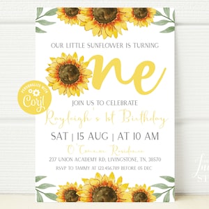 SOFORTIGER DOWNLOAD Sonnenblume 1. Geburtstag Einladung, bearbeitbare erste erste Vorlage Geburtstag einladen, unsere Sonnenblume Party, Sommer Thema BI024