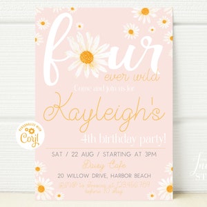 Girl 4th Birthday Invitation, Daisy Fourth Wildflower Birthday Party Invite, Retro Daisy Girl 4th Blush Pink Birthday Editable Evite BS037