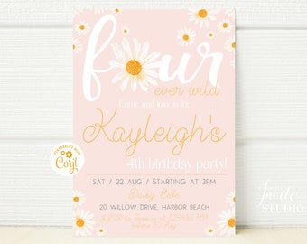 Girl 4th Birthday Invitation, Daisy Fourth Wildflower Birthday Party Invite, Retro Daisy Girl 4th Blush Pink Birthday Editable Evite BS037